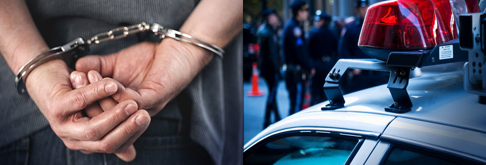 person in handcuffs, police officers and police car